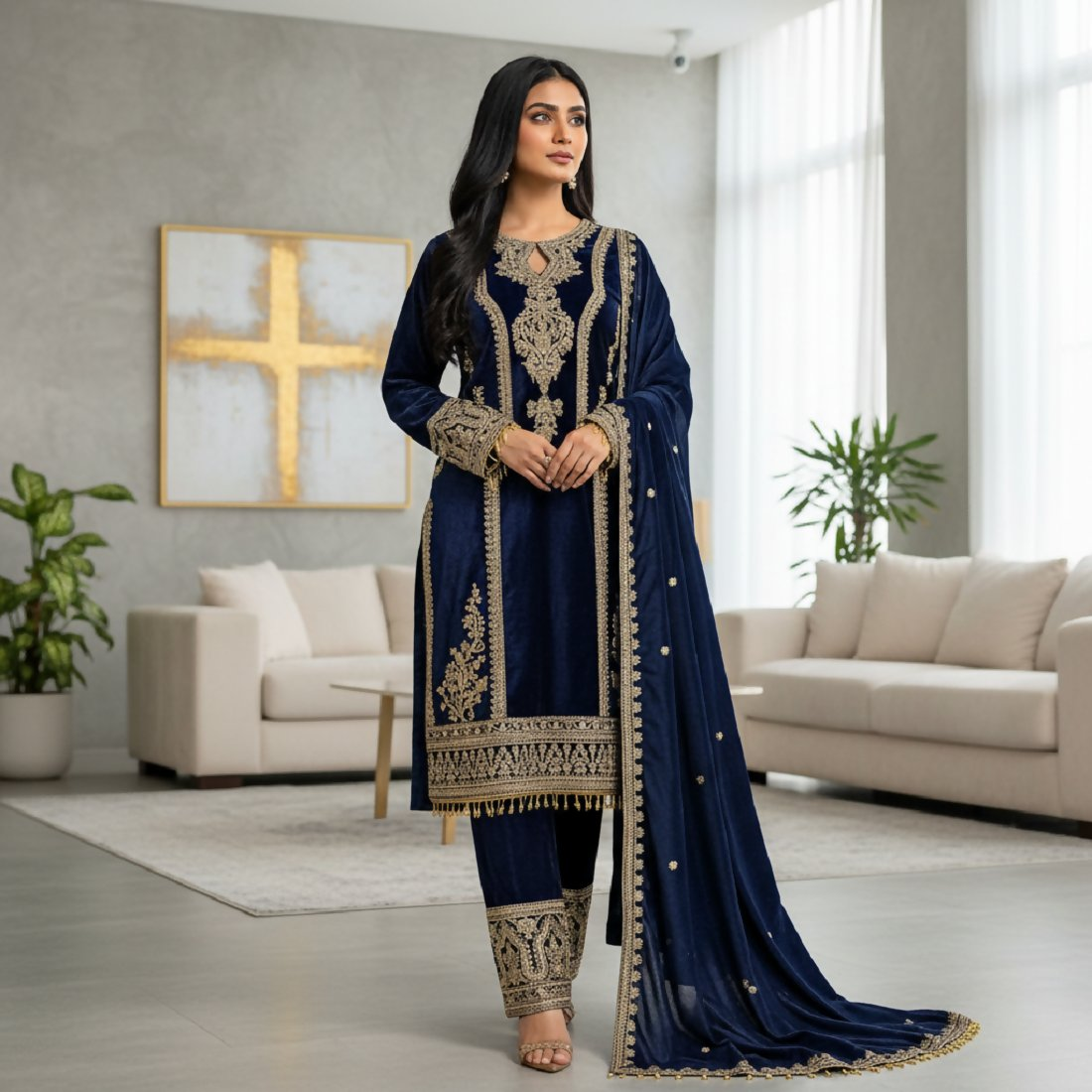 Joban Fashion Blue Velvet Embroidery Sequence Work Readymade Kurta Set | Grocsy
