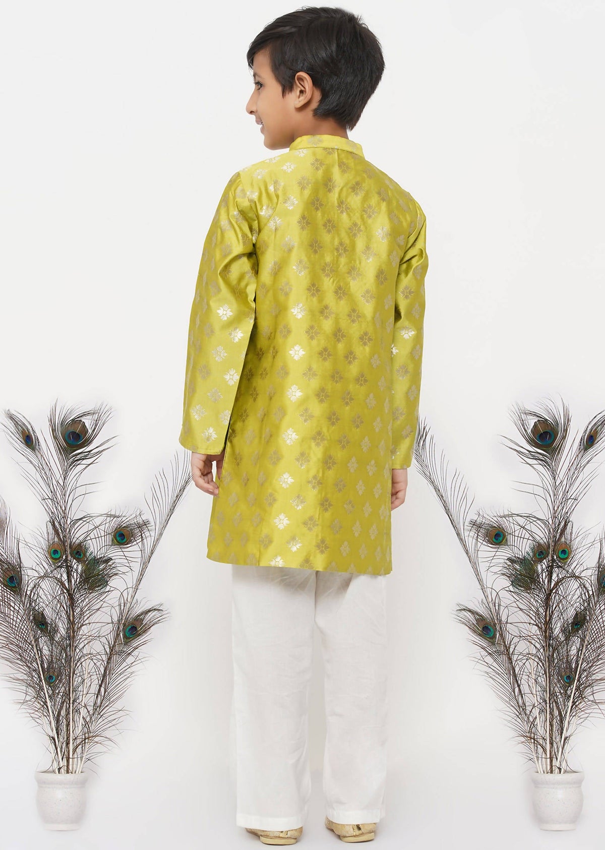 Little Bansi Boys Banarsi Silk Sherwani & Pyjama - Apple Green & Cream | Grocsy