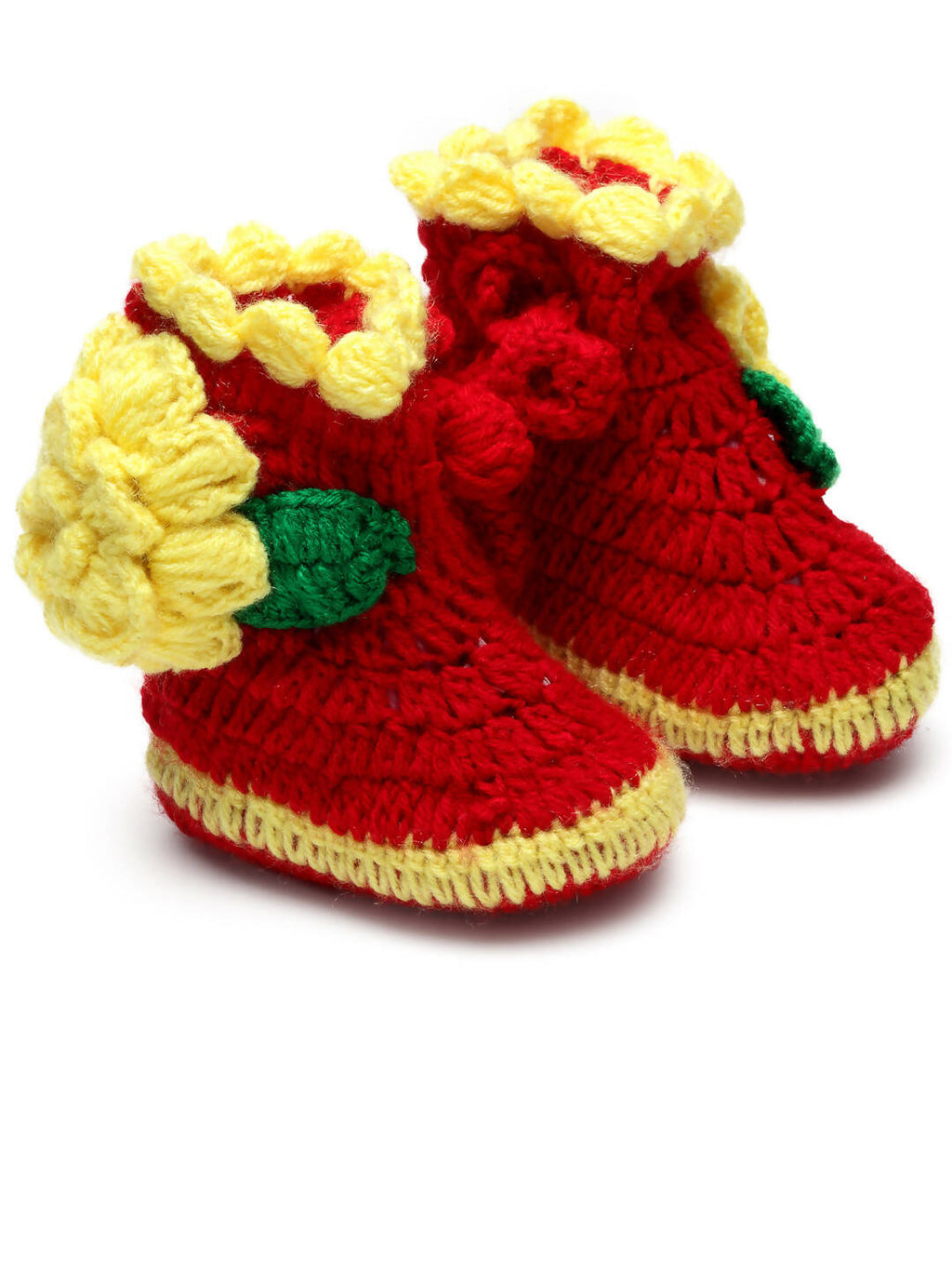 Chutput Kids Woollen Hand Knitted Flower Decor Booties - Red | Grocsy