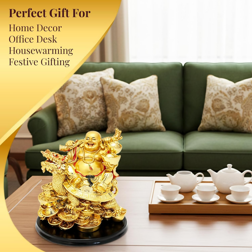 GJ Golden Laughing Buddha with Dragon & Coins Statue | Grocsy