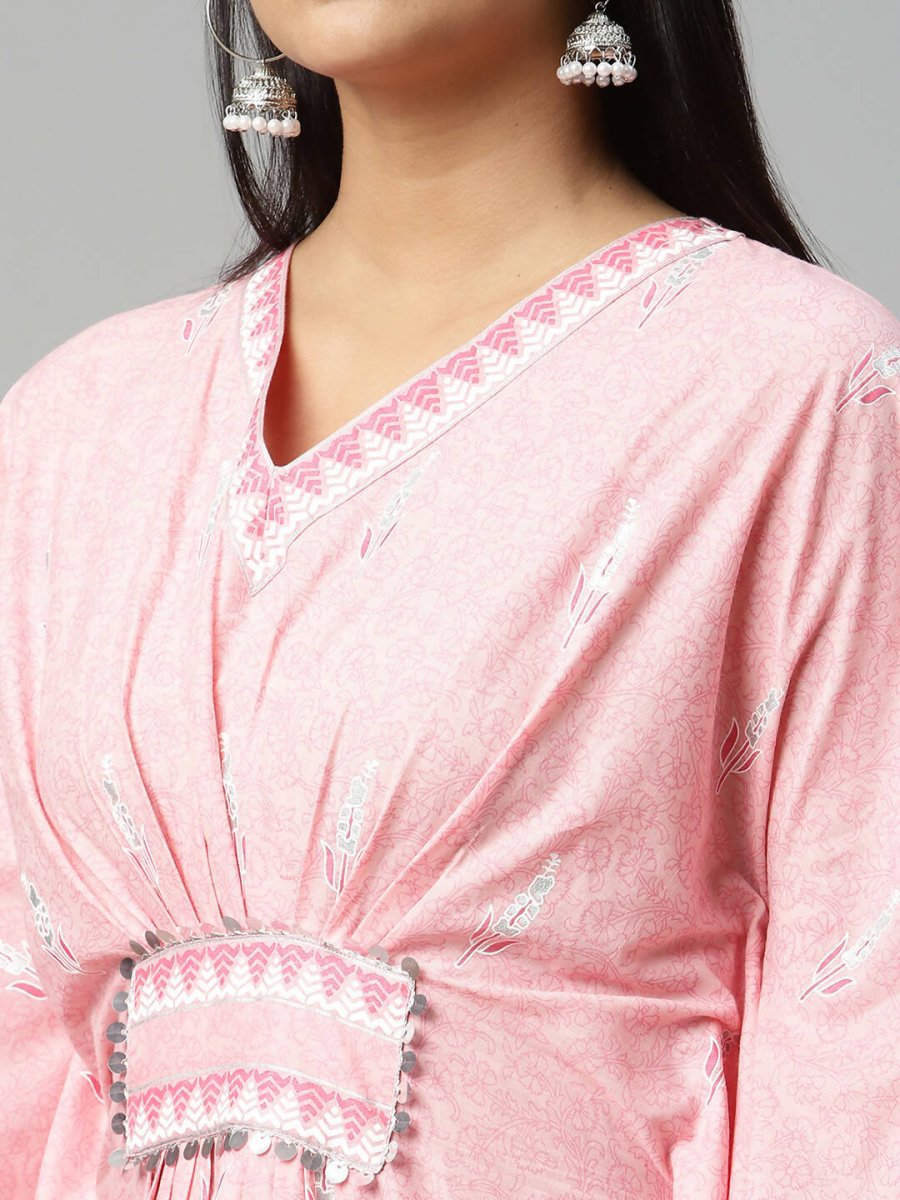 Ahalyaa Women Pink Pure Cotton Printed Kaftan Kurta | Grocsy