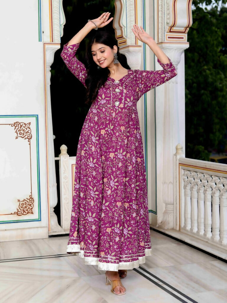 Miravan Women's Cotton Gotapatti And Lace Border Details Floral Printed Purple Anarkali Kurta | Grocsy