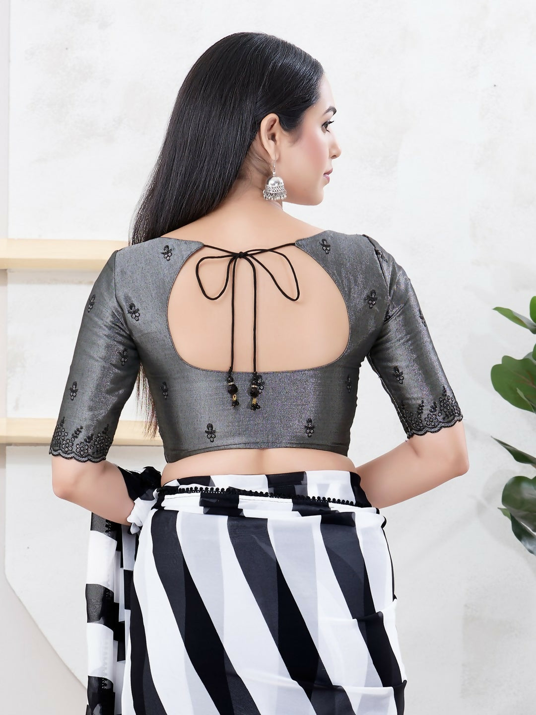 Joban Fashion Black Shimmer Elbow Sleeveless Front Open Blouse | Grocsy