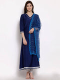 Myshka Women's Navy Blue Cotton 3/4 Sleeve V Neck Solid Casual Anarkali Kurta Dupatta Set | Grocsy