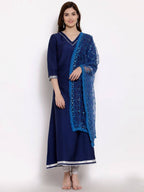 Myshka Women's Navy Blue Cotton 3/4 Sleeve V Neck Solid Casual Anarkali Kurta Dupatta Set | Grocsy