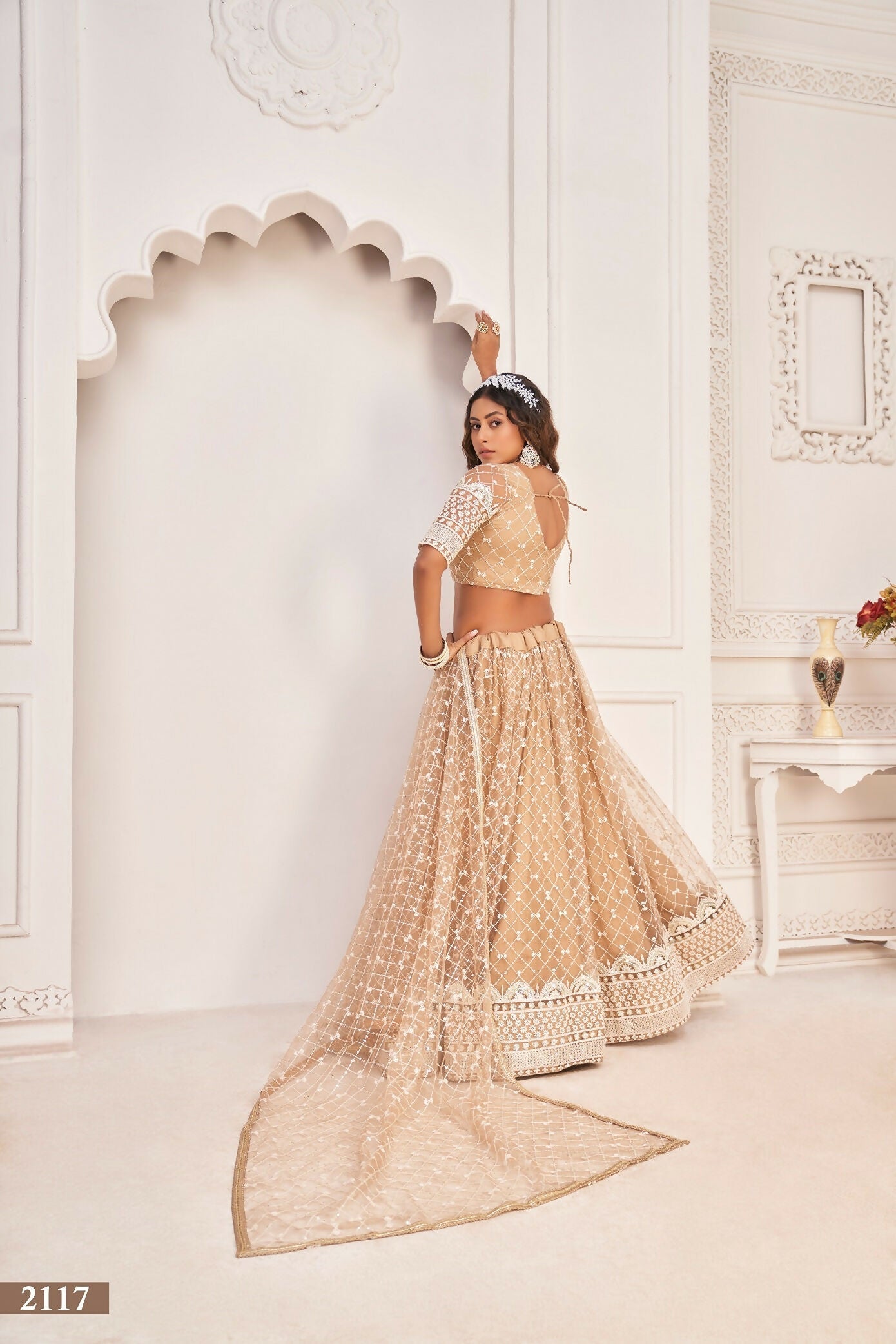 Eilara Women'S Pista Dusty Chiqu Net White Cotton Thread And Zari Sequence Embroidered Work Lehenga Choli For Party Wear | Grocsy