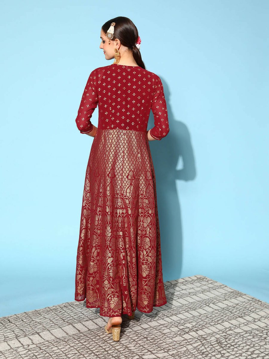 Ahalyaa Women Beautiful Maroon Crepe Brocade Ethnic Dress | Grocsy