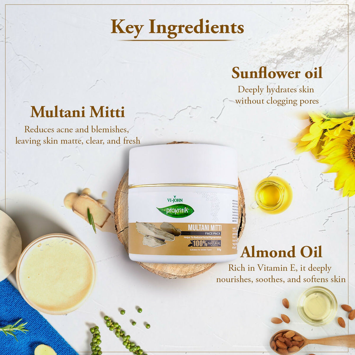 VI-JOHN Prakritik Multani Mitti Face Pack Controls Sebum Made With 100% Natural Bio Actives | Grocsy