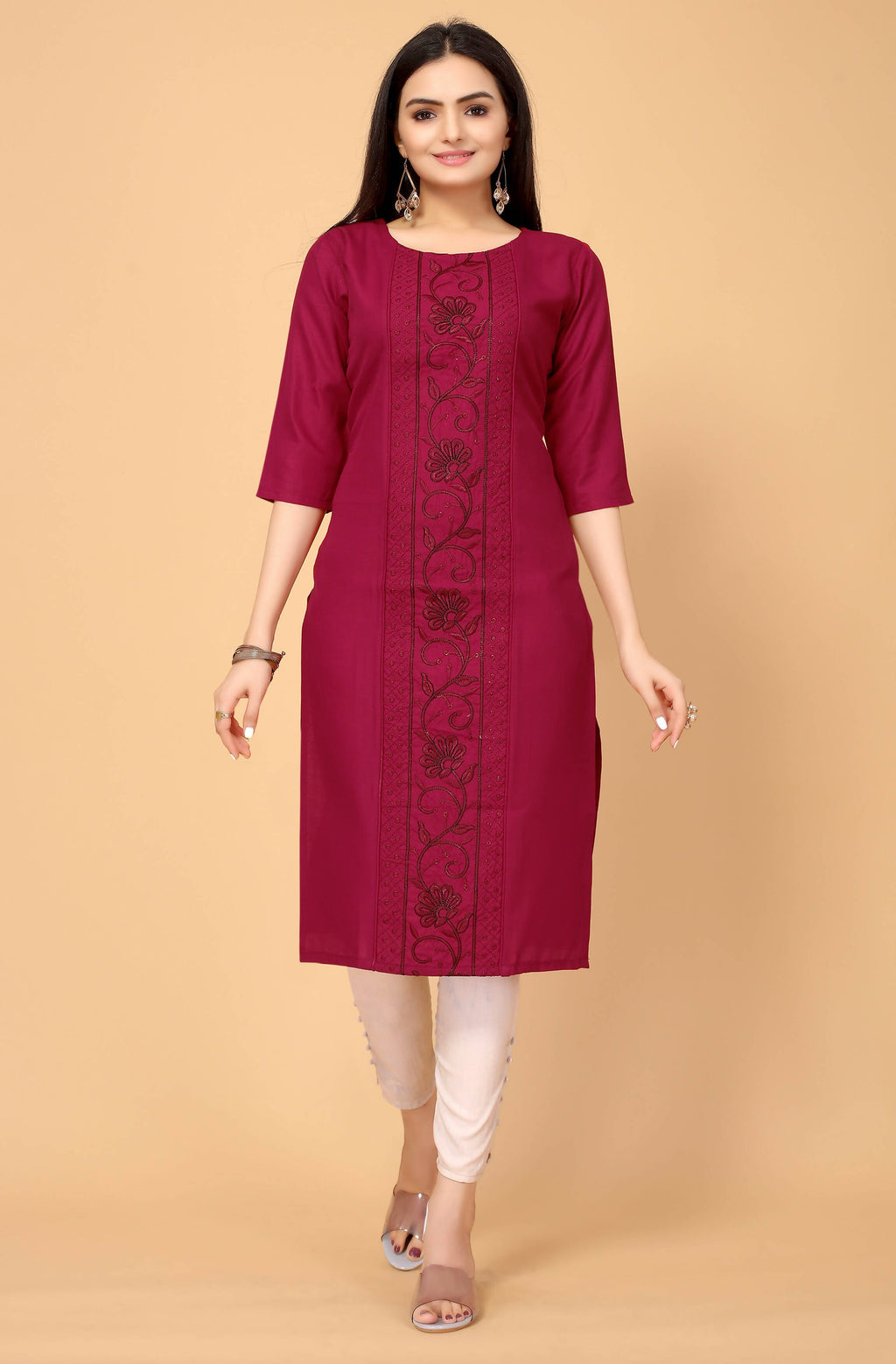 Maroon Cottan Slub Embroidery Kurti - Umi | Grocsy