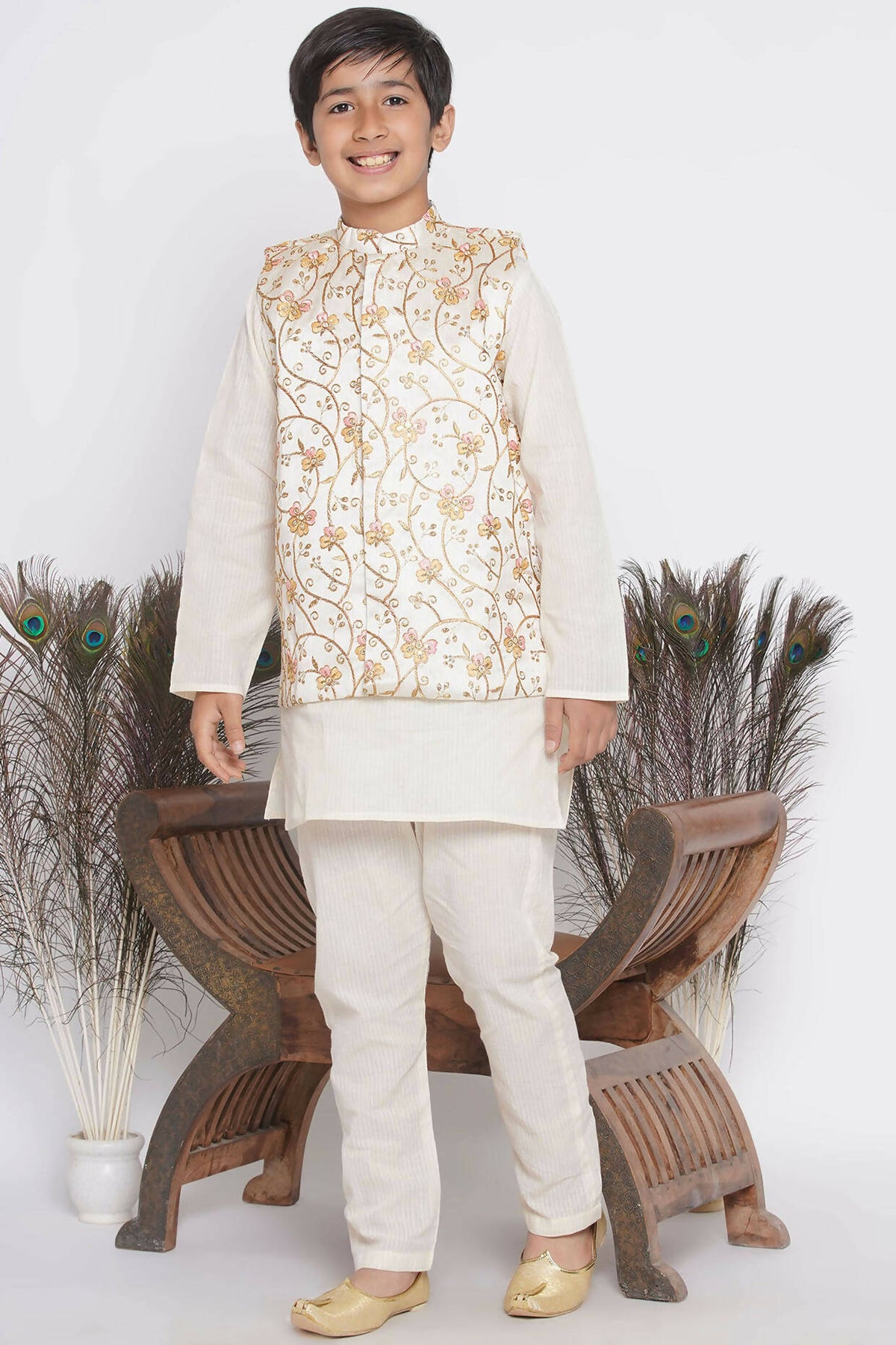 Little Bansi Banarsi Silk Orange Pink Floral Embroidery Jacket with Cotton Kantha kurta and Kantha Pyjama - Cream | Grocsy