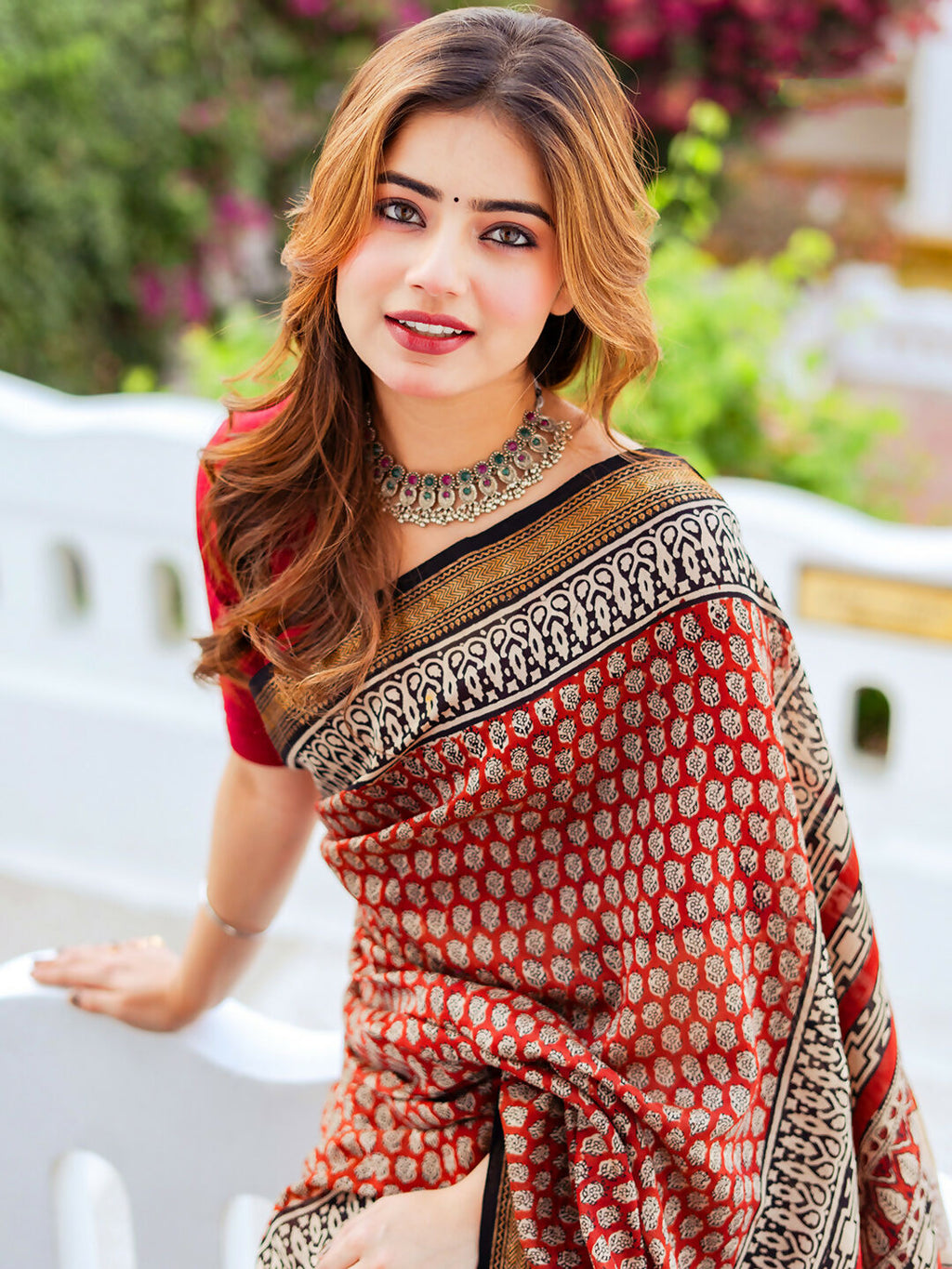 Zibaa Hand-Blocked Pure Maheshwari Silk Red Saree - Small Motifs | Grocsy
