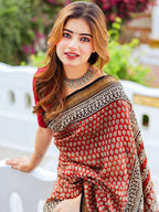 Zibaa Hand-Blocked Pure Maheshwari Silk Red Saree - Small Motifs | Grocsy