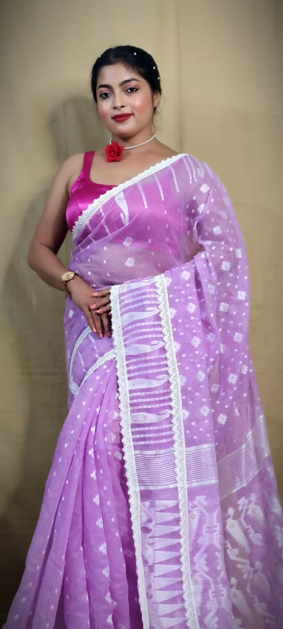 Exclusive Collection Beautiful Purple Jaal Jamdani Saree | Grocsy