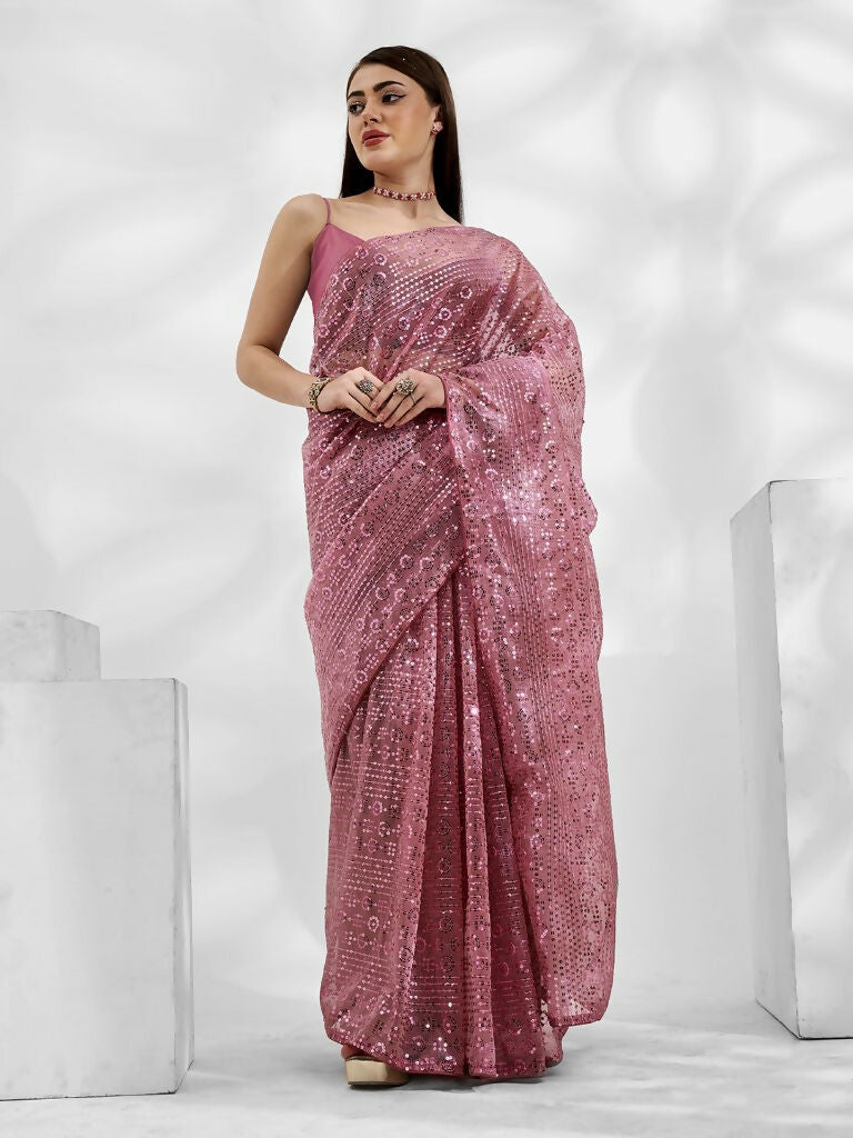 Pink Net Organza Sequance,Thread Embroidery Work Saree with Unstitched Blouse - Vandini | Grocsy
