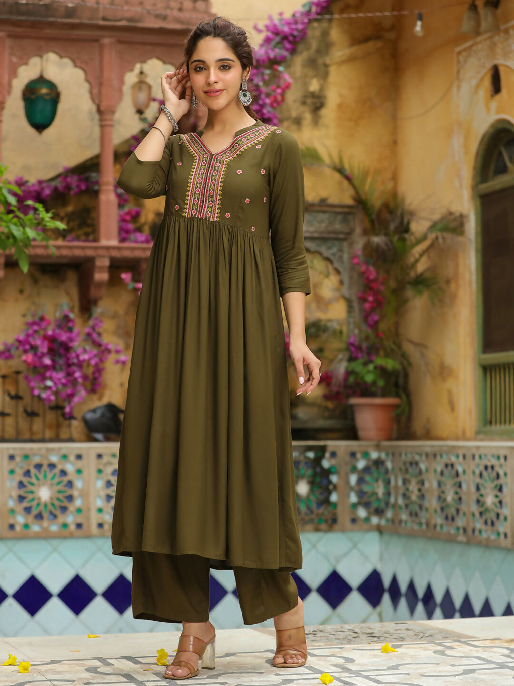 Janasya Olive Rayon Embroidered Kurta & Bottom | Grocsy