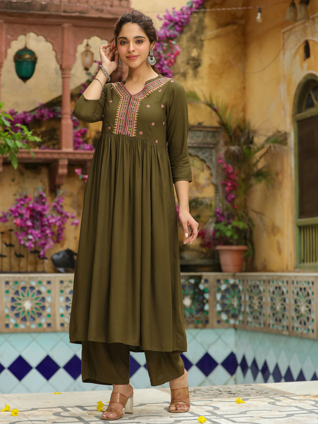 Janasya Olive Rayon Embroidered Kurta & Bottom | Grocsy