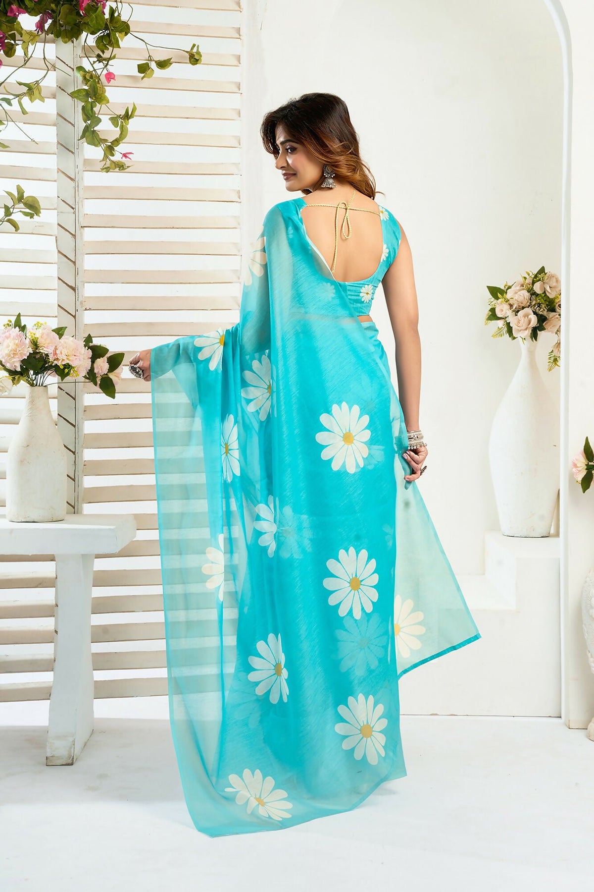 Vastranavya Sky Blue Digital Printed Linen Ready To Wear Designer Saree with Unstitched Blouse | Grocsy