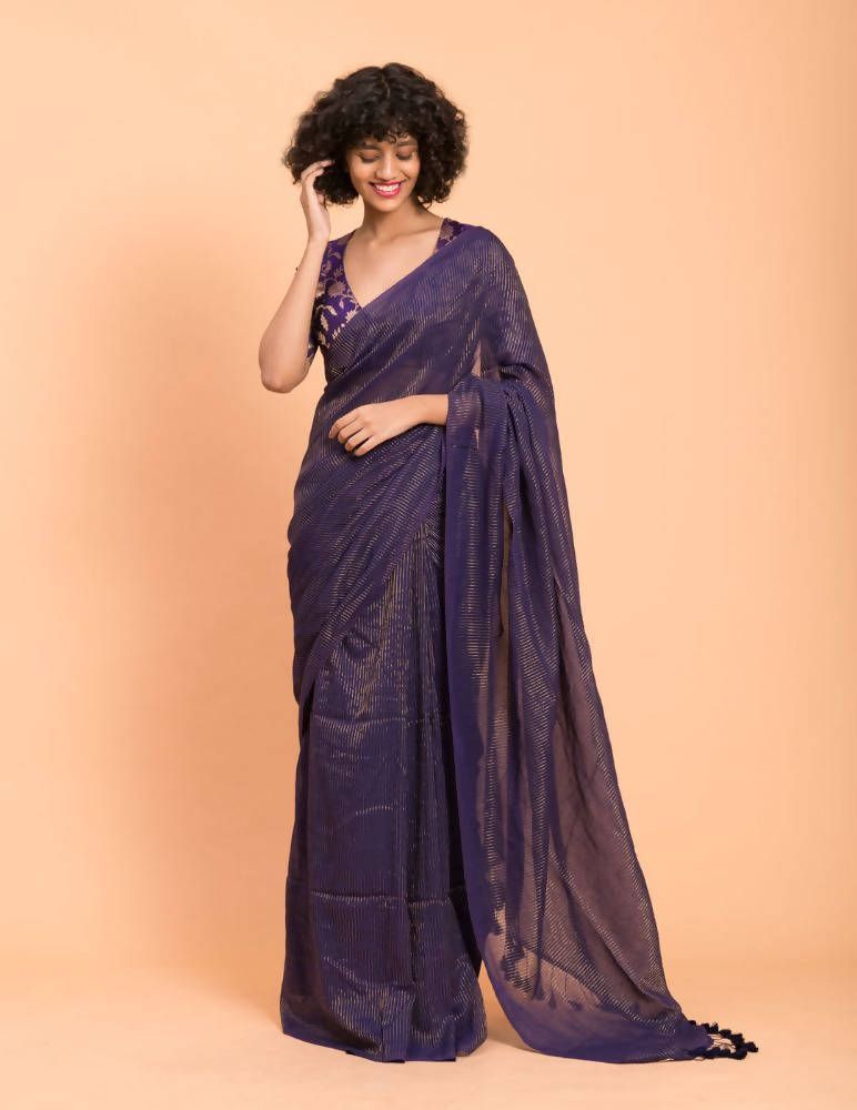 Suta Purple Woven Zari Striped Pure Handloom Cotton Saree | Grocsy