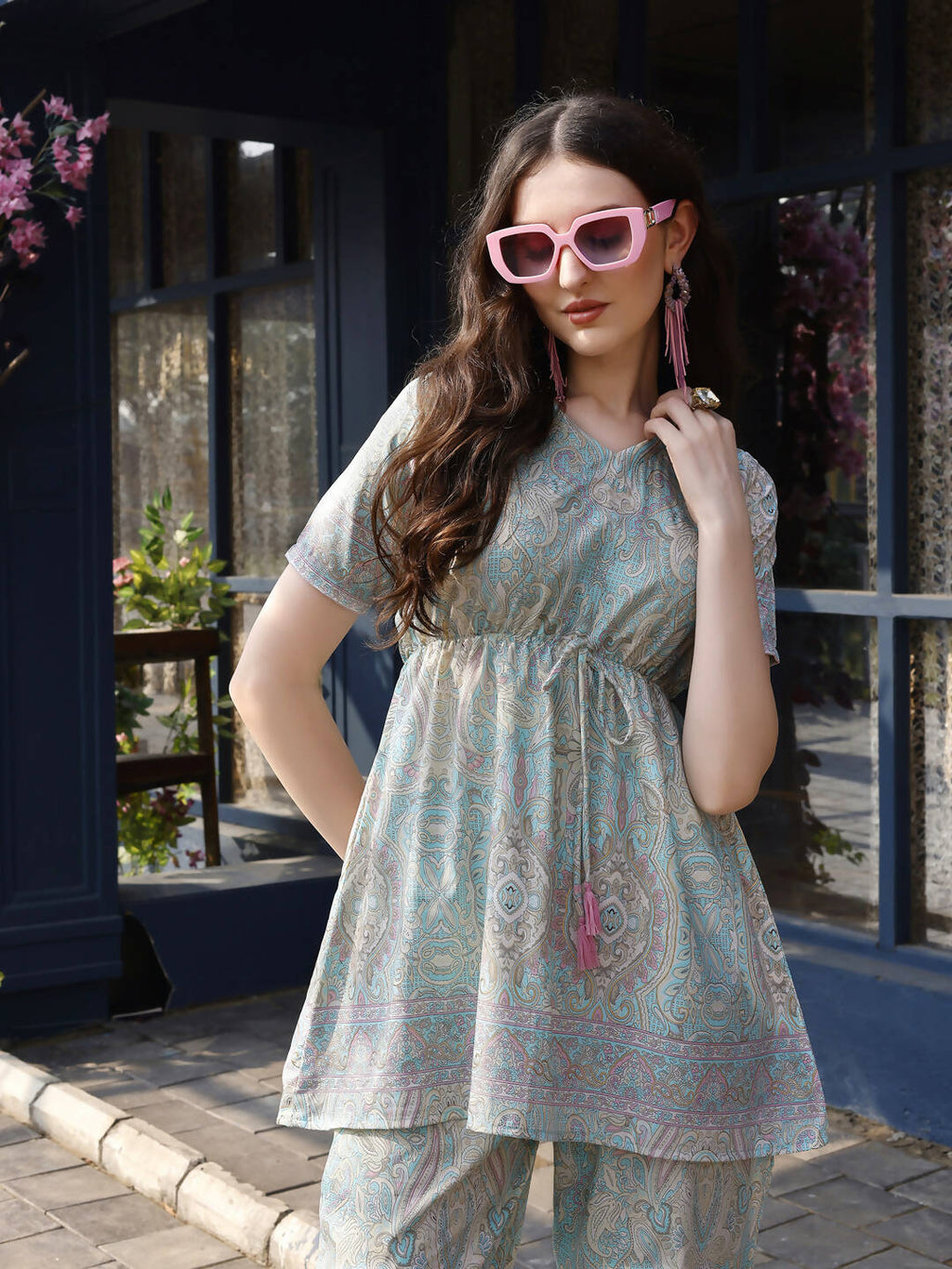 Sky Blue Rayon Paisley & Floral Printed Top with Matching Bottom - Eesha | Grocsy