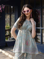 Sky Blue Rayon Paisley & Floral Printed Top with Matching Bottom - Eesha | Grocsy