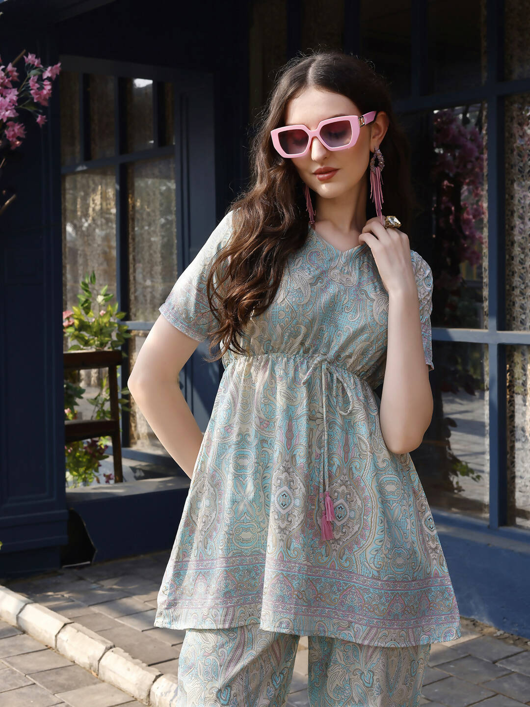 Sky Blue Rayon Paisley & Floral Printed Top with Matching Bottom - Eesha | Grocsy