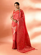 Joban Fashion Peach & Red Plain With Weaving Border Banarasi Silk Sarees | Grocsy