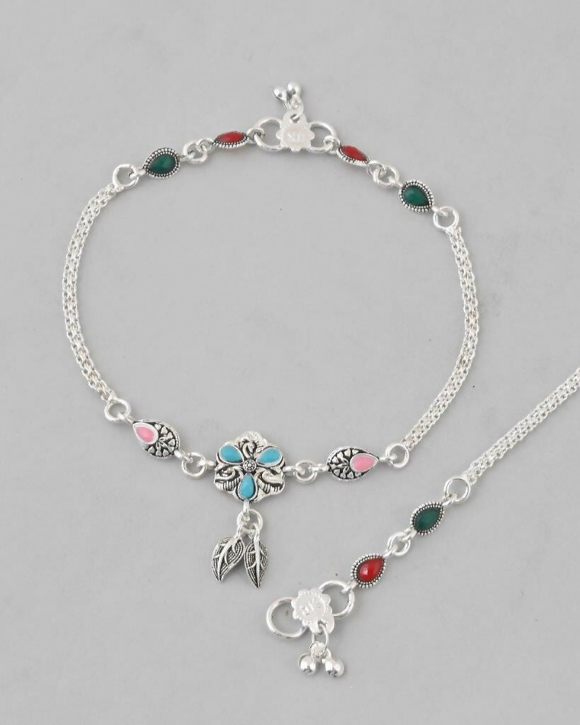 VOJ Set of 2 Traditional Stone Studded Flower Shaped Anklet | Grocsy