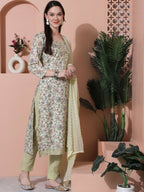 Jyoti Fashion Women's Green Cotton Floral Digital Printed Kurta with Trouser & Dupatta | Grocsy