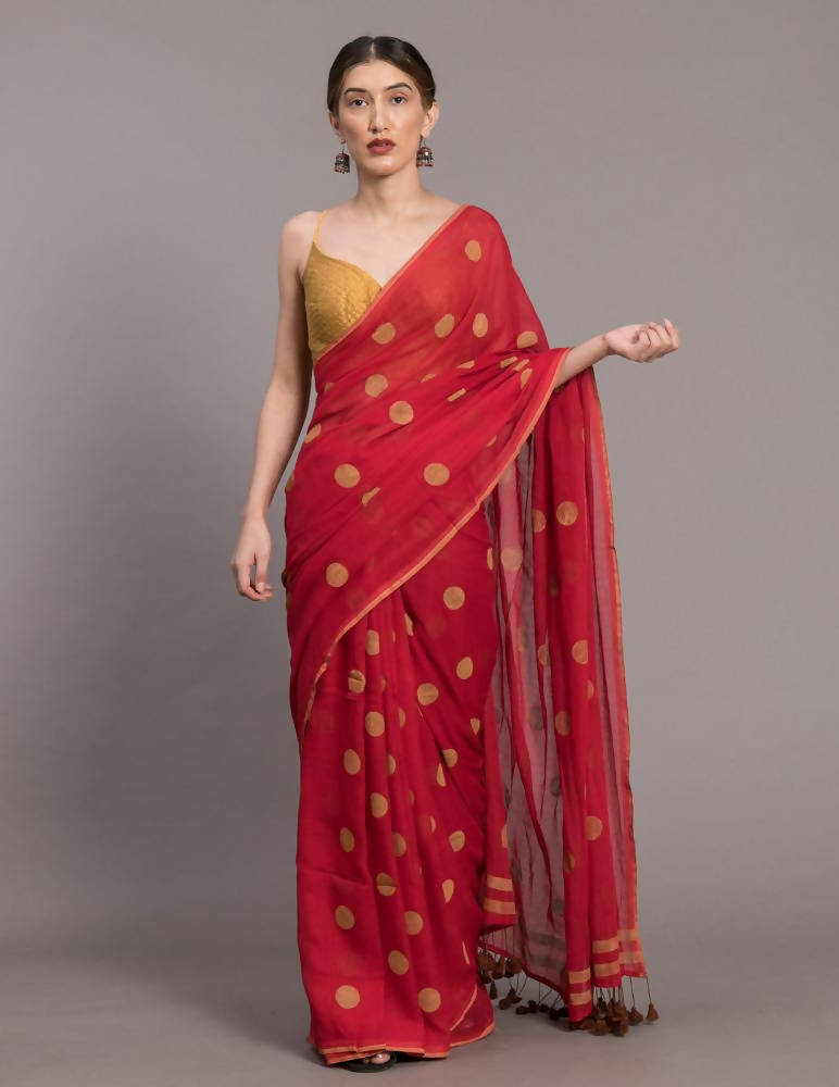 Suta Red Beige Polka Printed Pure Cotton Saree | Grocsy