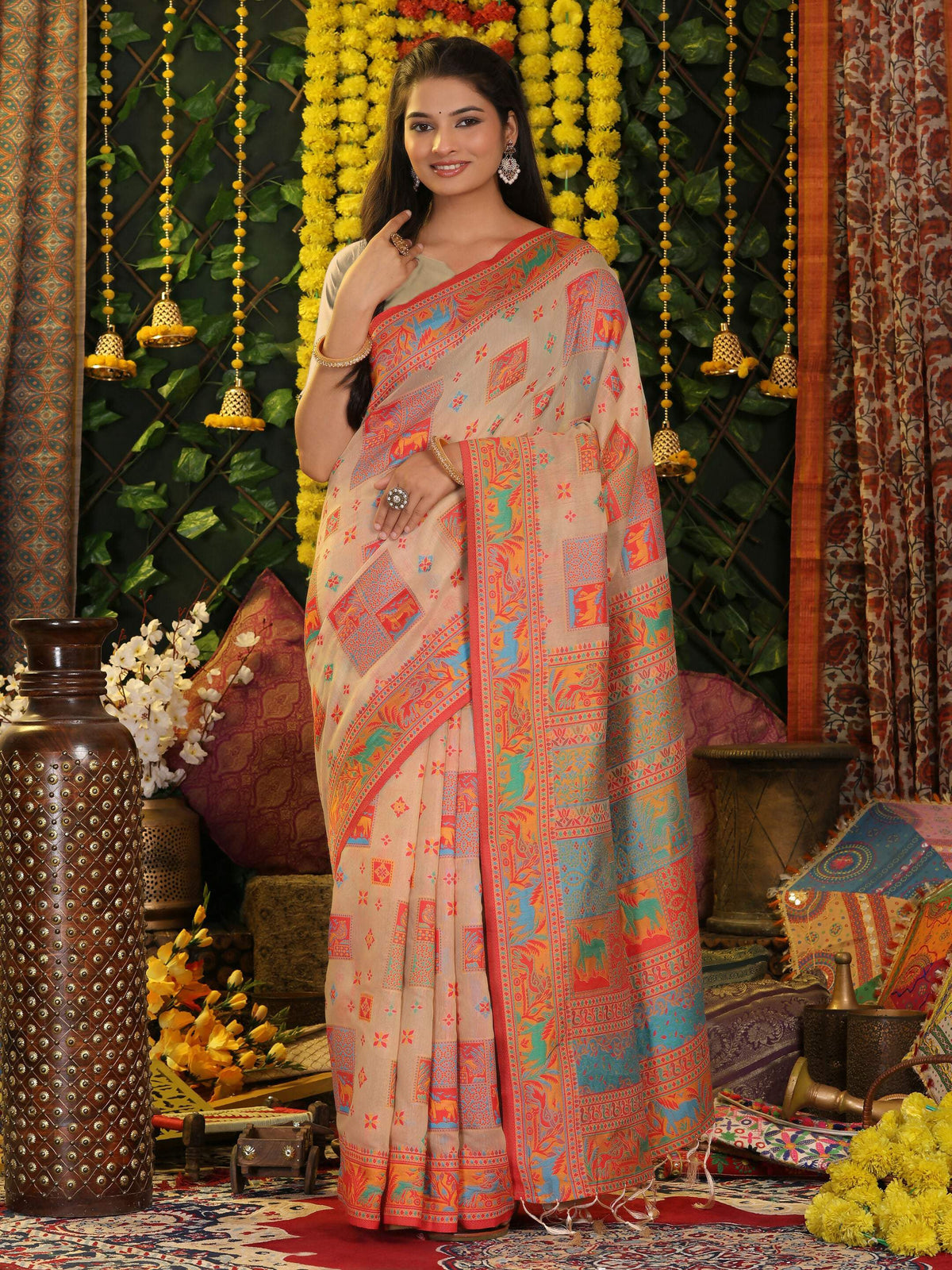 Shree Shyam Fashion Linen Cotton Off White Saree | Grocsy