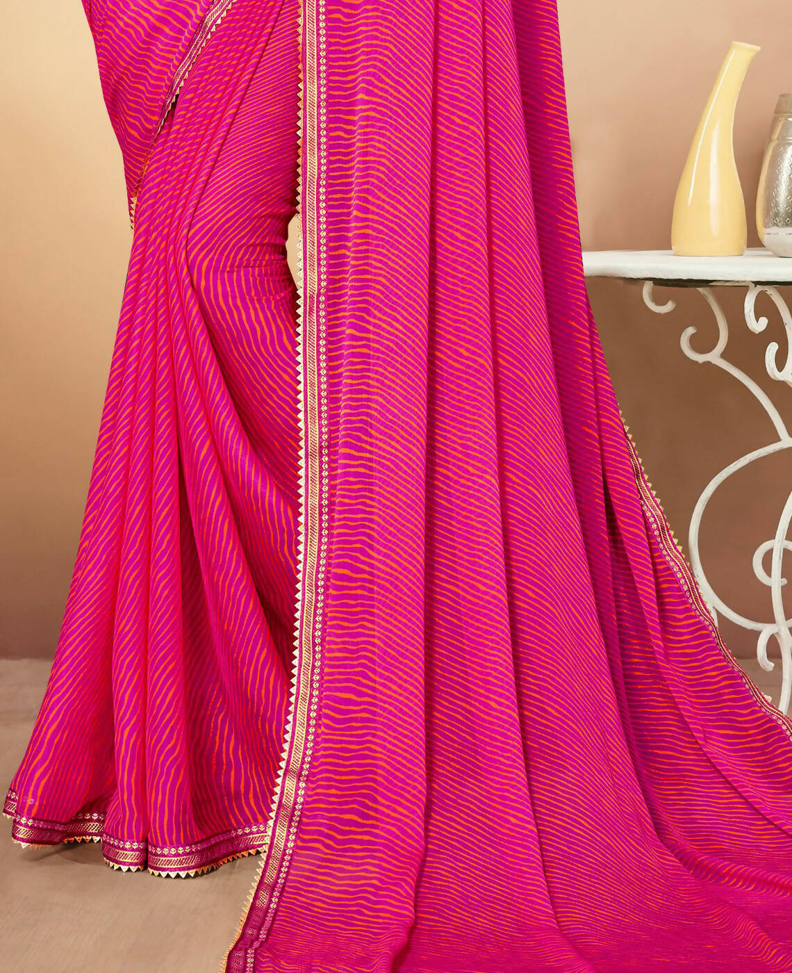 Pink Chiffon Leheriya Printed Saree With Unstitched Blouse Piece - Swarna | Grocsy