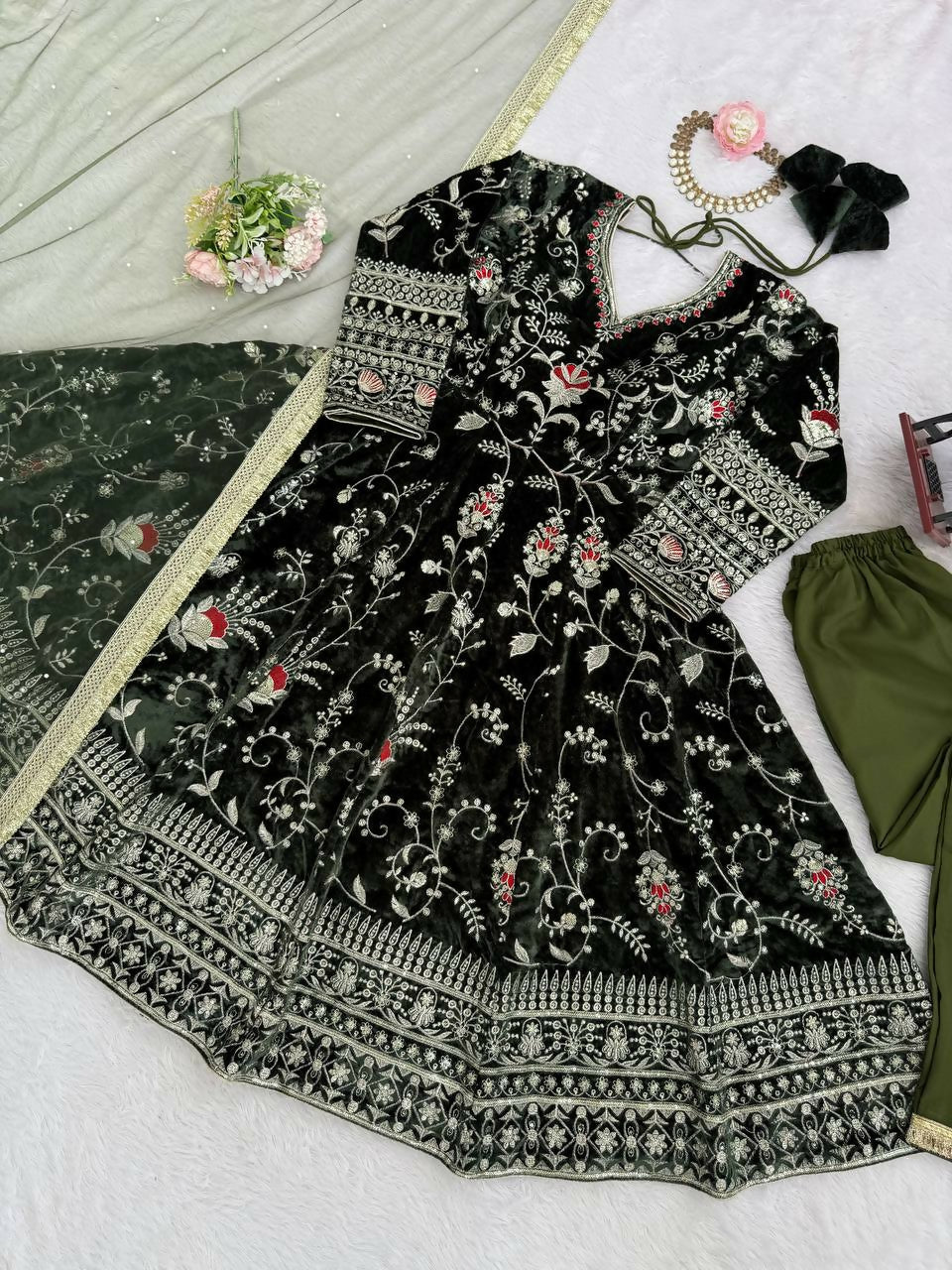 Vastranavya Mehendi Viscose Velvet Thread Sequence Work Top-Bottom With Dupatta | Grocsy