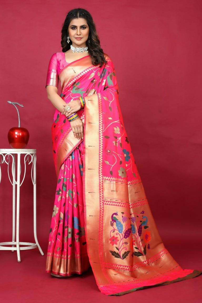 Jyoti Fashion Women's Pink Paithani Silk Zari Woven Saree with Blouse | Grocsy