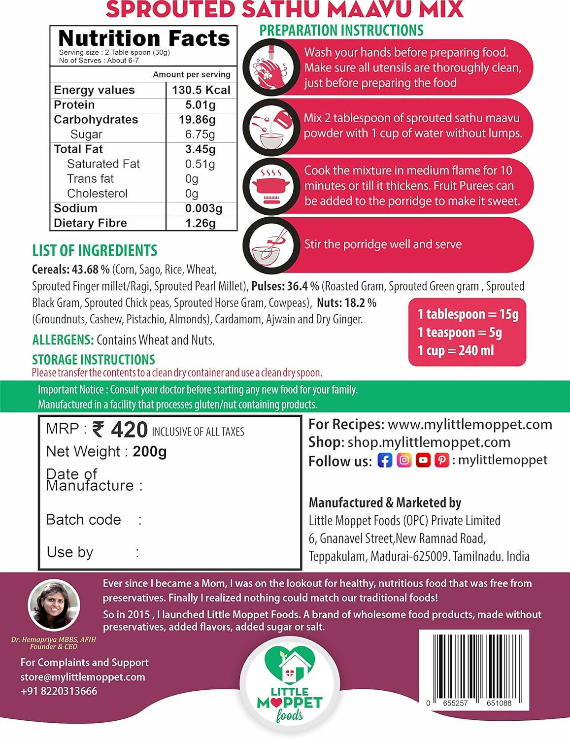Little Moppet Foods Sprouted Sathu Maavu Mix for Babies - Free from Added Salt & Sugar with 6 Sprouted Ingredients | Grocsy