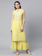 Ahalyaa Women Yellow Colour Pure Cotton Glitter Print Kurta Palazzo Set | Grocsy