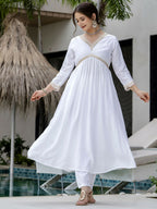The52 White Women's Gorgeous Embroidered Chanderi Fabric Straight Kurta, Pant and Dupatta Set | Grocsy
