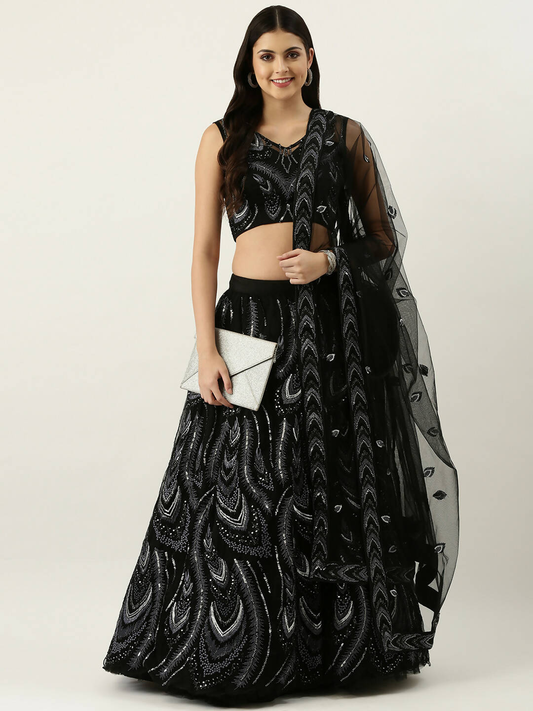 House of Panchhi Women Black Net Sequins Embroidered Lehenga & Blouse with Dupatta | Grocsy