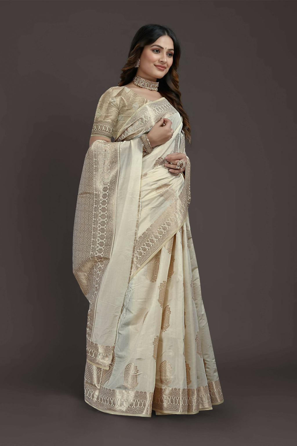 Off White Pure Raw Silk Zari Woven Saree with Unstitched Blouse Piece - Alisha | Grocsy