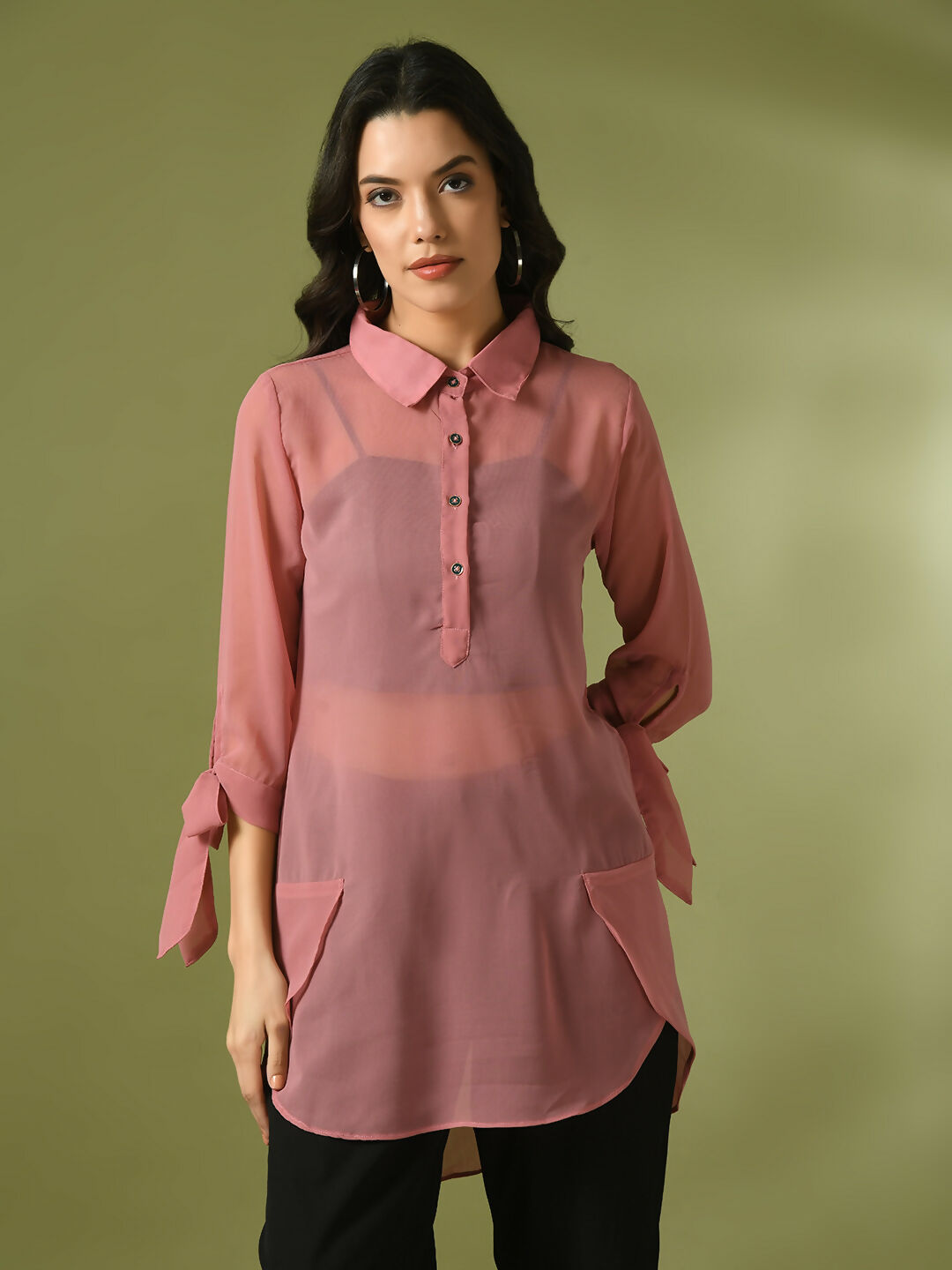 Myshka Women's Pink Solid Georgette Longline Party Sheer Tunic | Grocsy