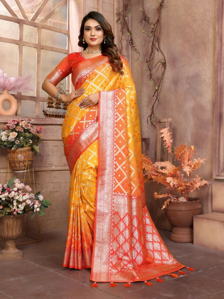 Anaita Yellow kochi Silk With Beautiful Checks Weaving Saree With Blouse | Grocsy