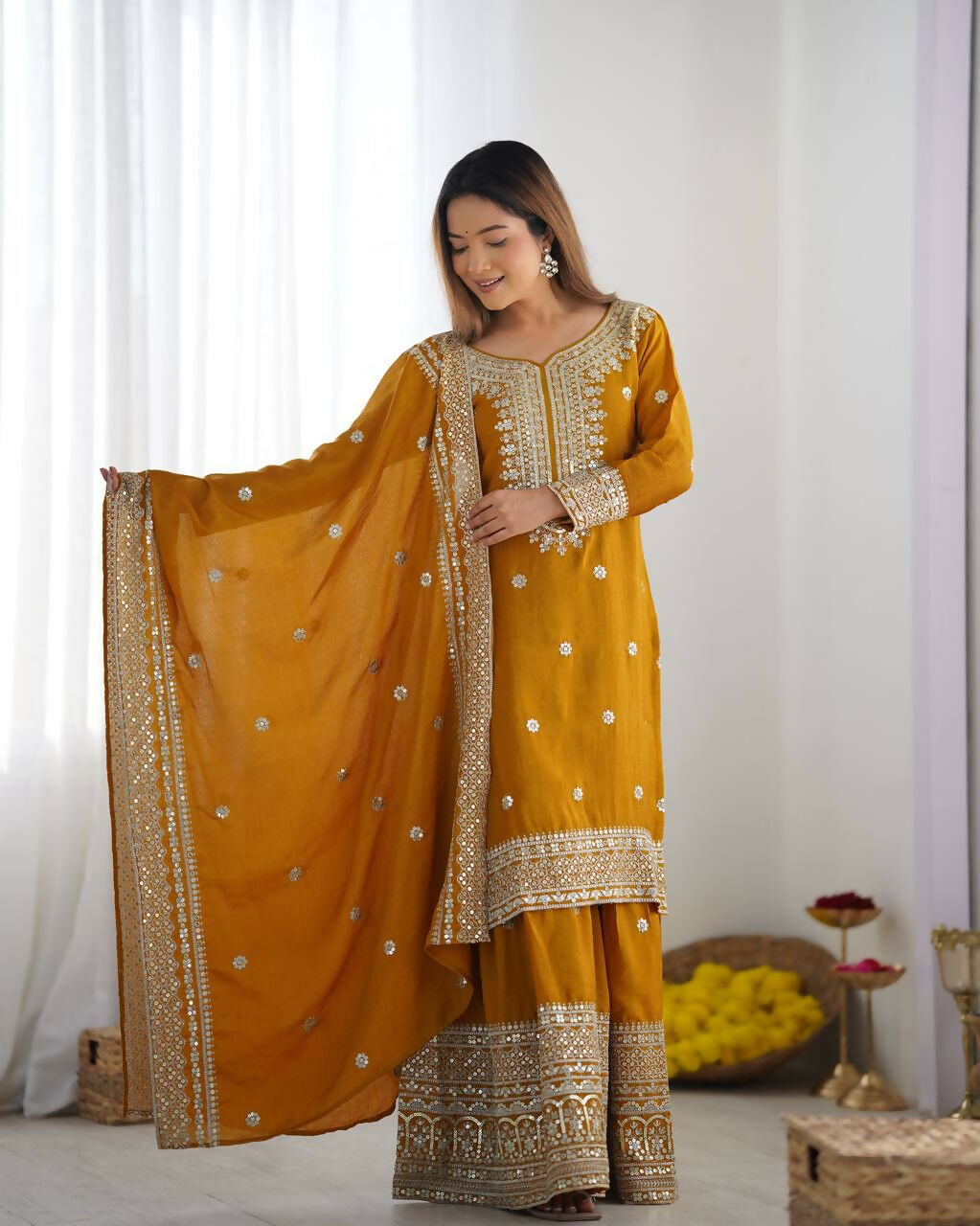 Joban Fashion Mustard Kurta Set Silk Sequins , Zari, Coding & Thread Embroidered work | Grocsy
