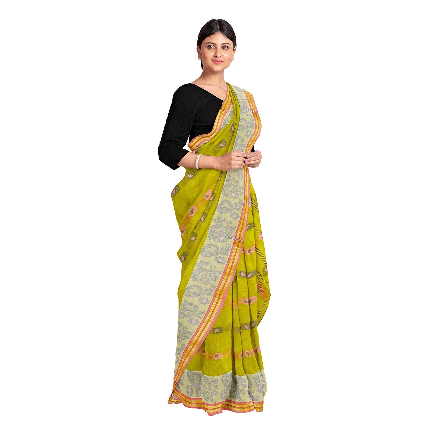 Exclusive Collection 100% Pure Cotton Olive Tant Saree With Hand Weaving Work | Grocsy
