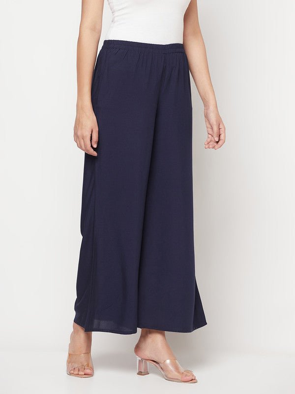 Aniyah Rayon Flared Slip-On Navy Blue Palazzo | Grocsy