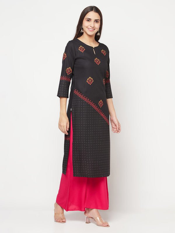 Aniyah Rayon Block Print Straight Kurta - Black | Grocsy