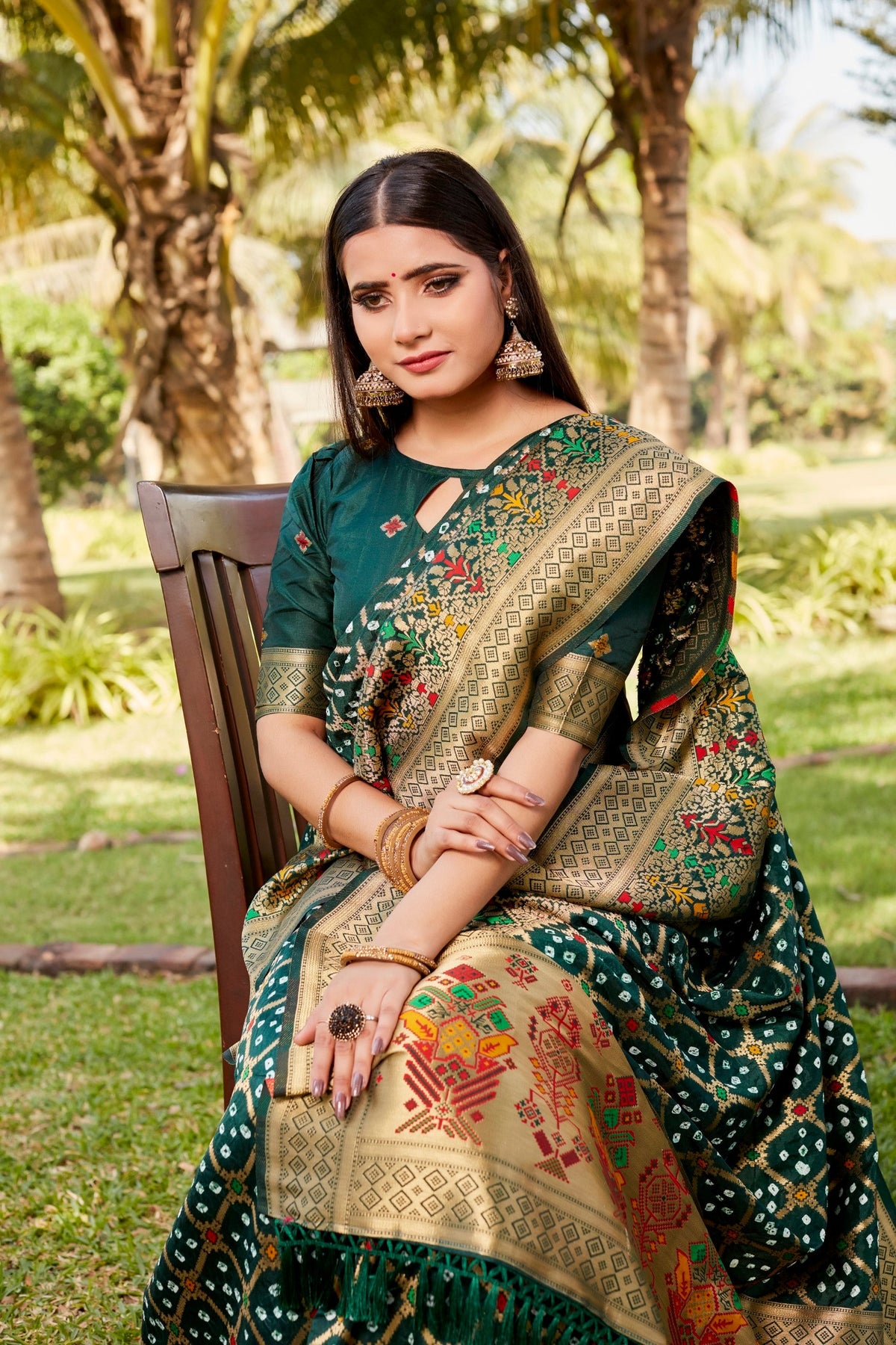 Anaita Green Woven Design Pure Gharchola Bandhej Silk Saree With Blouse | Grocsy