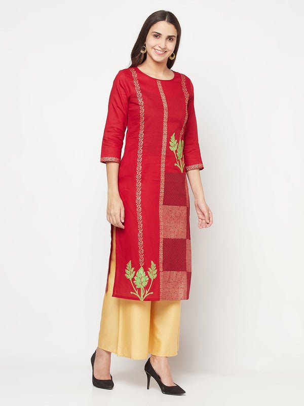 Aniyah Cotton Foil Print Maroon Straight Kurta | Grocsy