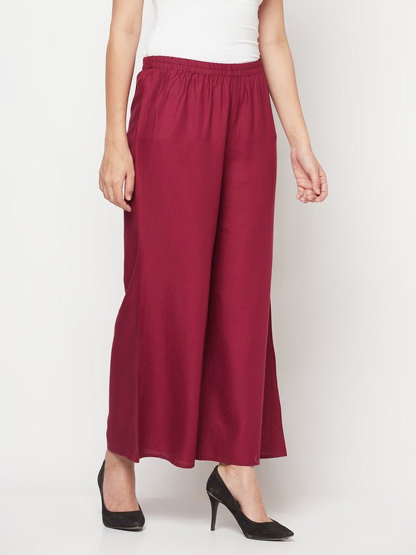 Aniyah Rayon Flared Slip-On Wine Color Palazzo | Grocsy