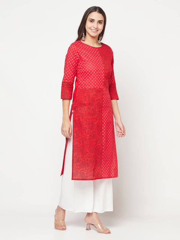 Aniyah Cotton Block Print Red Color Straight Kurta | Grocsy