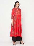 Aniyah Rayon Block Print Red Anarkali Kurta | Grocsy