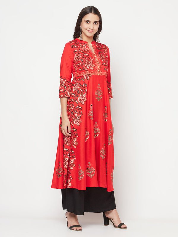 Aniyah Rayon Block Print Red Anarkali Kurta | Grocsy